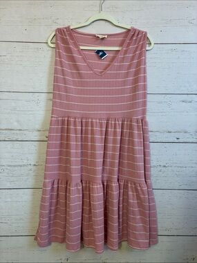 See You Monday Dusty Pink/White Striped Tiered V-Neck Dress, size XL, NWT